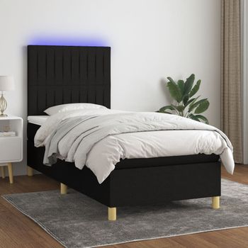 Cama Individual | Cama Para Adultos | Cama Box Spring Colchón Y Luces Led Tela Negro 90x190 Cm Cfw4427980