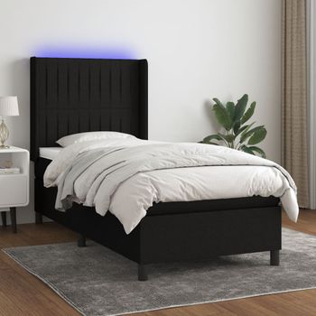 Cama Individual | Cama Para Adultos | Cama Box Spring Colchón Y Luces Led Tela Negro 90x190 Cm Cfw3599628