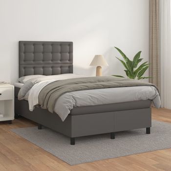 Cama Doble | Cama Para Adultos | Cama Box Spring Con Colchón Cuero Sintético Gris 120x200 Cm Cfw9559421