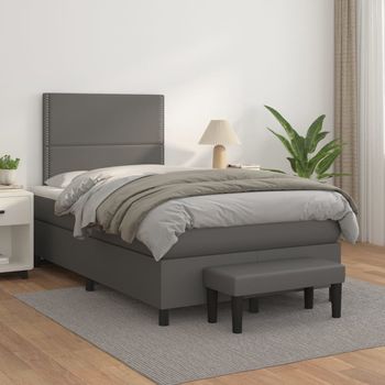 Cama Doble | Cama Para Adultos | Cama Box Spring Con Colchón Cuero Sintético Gris 120x200 Cm Cfw6753792