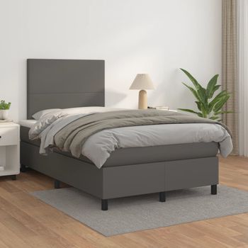 Cama Doble | Cama Para Adultos | Cama Box Spring Con Colchón Cuero Sintético Gris 120x200 Cm Cfw7093851