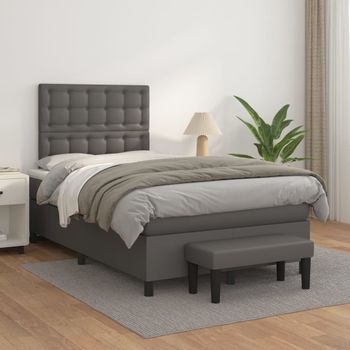 Cama Doble | Cama Para Adultos | Cama Box Spring Con Colchón Cuero Sintético Gris 120x200 Cm Cfw9852834