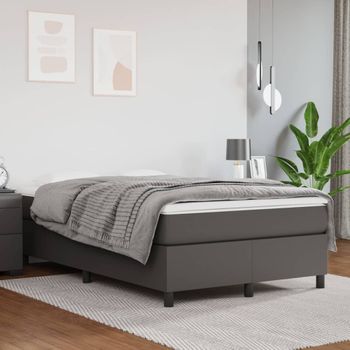 Cama Doble | Cama Para Adultos | Cama Box Spring Con Colchón Cuero Sintético Gris 120x200 Cm Cfw3336000