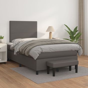 Cama Doble | Cama Para Adultos | Cama Box Spring Con Colchón Cuero Sintético Gris 120x200 Cm Cfw7355256