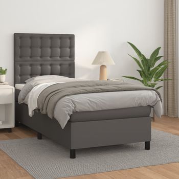 Cama Individual | Cama Para Adultos | Cama Box Spring Con Colchón Cuero Sintético Gris 80x200 Cm Cfw4877683