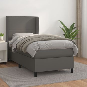 Cama Individual | Cama Para Adultos | Cama Box Spring Con Colchón Cuero Sintético Gris 80x200 Cm Cfw9882105