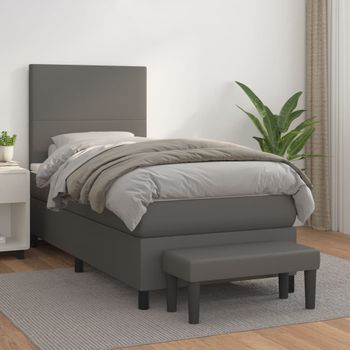 Cama Individual | Cama Para Adultos | Cama Box Spring Con Colchón Cuero Sintético Gris 80x200 Cm Cfw4910089