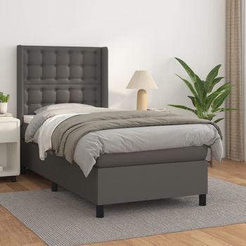 Cama Individual | Cama Para Adultos | Cama Box Spring Con Colchón Cuero Sintético Gris 80x200 Cm Cfw2066896