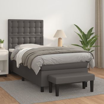 Cama Individual | Cama Para Adultos | Cama Box Spring Con Colchón Cuero Sintético Gris 80x200 Cm Cfw1419364