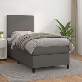 Cama Individual | Cama Para Adultos | Cama Box Spring Con Colchón Cuero Sintético Gris 80x200 Cm Cfw3110728