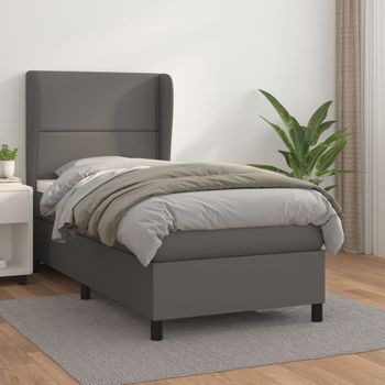 Cama Individual | Cama Para Adultos | Cama Box Spring Con Colchón Cuero Sintético Gris 90x190 Cm Cfw8945901