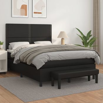 Cama Doble | Cama Para Adultos | Cama Box Spring Con Colchón Cuero Sintético Negro 140x190 Cm Cfw4142833