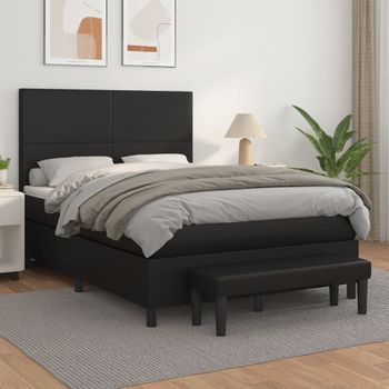 Cama Doble | Cama Para Adultos | Cama Box Spring Con Colchón Cuero Sintético Negro 140x190 Cm Cfw9558121