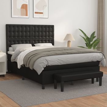 Cama Doble | Cama Para Adultos | Cama Box Spring Con Colchón Cuero Sintético Negro 140x190 Cm Cfw1505669