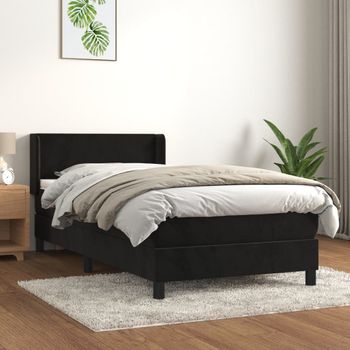 Cama Individual | Cama Para Adultos | Cama Box Spring Con Colchón Cuero Sintético Negro 90x190 Cm Cfw2405487