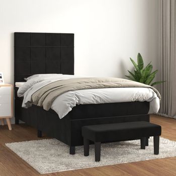 Cama Individual | Cama Para Adultos | Cama Box Spring Con Colchón Cuero Sintético Negro 90x190 Cm Cfw6915845