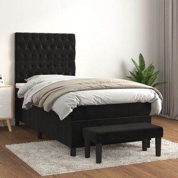 Cama Individual | Cama Para Adultos | Cama Box Spring Con Colchón Cuero Sintético Negro 90x190 Cm Cfw8834429