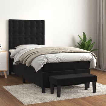 Cama Individual | Cama Para Adultos | Cama Box Spring Con Colchón Cuero Sintético Negro 90x190 Cm Cfw3877139