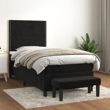 Cama Individual | Cama Para Adultos | Cama Box Spring Con Colchón Cuero Sintético Negro 90x190 Cm Cfw9340573