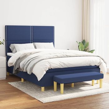 Cama Doble | Cama Para Adultos | Cama Box Spring Con Colchón Tela Azul 140x190 Cm Cfw3581499