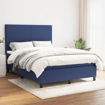 Cama Doble | Cama Para Adultos | Cama Box Spring Con Colchón Tela Azul 140x190 Cm Cfw2526451