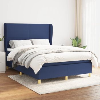 Cama Doble | Cama Para Adultos | Cama Box Spring Con Colchón Tela Azul 140x190 Cm Cfw2249940