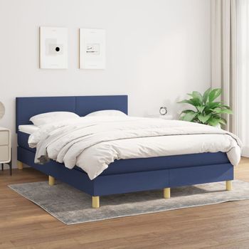 Cama Doble | Cama Para Adultos | Cama Box Spring Con Colchón Tela Azul 140x190 Cm Cfw3910947