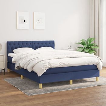 Cama Doble | Cama Para Adultos | Cama Box Spring Con Colchón Tela Azul 140x190 Cm Cfw5316911