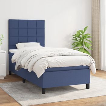 Cama Individual | Cama Para Adultos | Cama Box Spring Con Colchón Tela Azul 90x190 Cm Cfw2609636