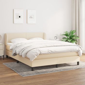 Cama Doble | Cama Para Adultos | Cama Box Spring Con Colchón Tela Color Crema 140x190 Cm Cfw4109192