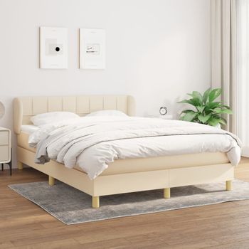 Cama Doble | Cama Para Adultos | Cama Box Spring Con Colchón Tela Color Crema 140x190 Cm Cfw2131563