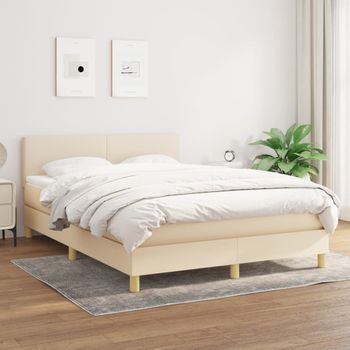 Cama Doble | Cama Para Adultos | Cama Box Spring Con Colchón Tela Color Crema 140x190 Cm Cfw4270879