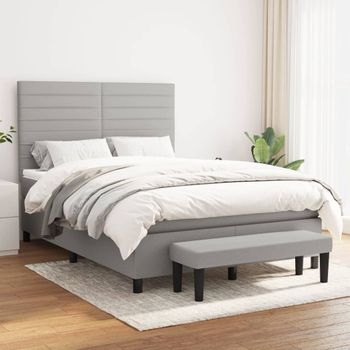 Cama Doble | Cama Para Adultos | Cama Box Spring Con Colchón Tela Gris Claro 140x190 Cm Cfw9987729