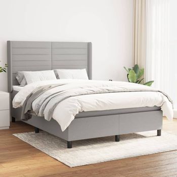 Cama Doble | Cama Para Adultos | Cama Box Spring Con Colchón Tela Gris Claro 140x190 Cm Cfw9961249