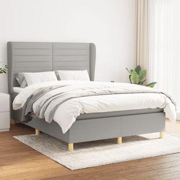 Cama Doble | Cama Para Adultos | Cama Box Spring Con Colchón Tela Gris Claro 140x190 Cm Cfw7740246