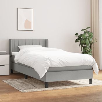 Cama Individual | Cama Para Adultos | Cama Box Spring Con Colchón Tela Gris Claro 90x190 Cm Cfw1740807