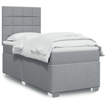 Cama Individual | Cama Para Adultos | Cama Box Spring Con Colchón Tela Gris Claro 90x190 Cm Cfw7701507