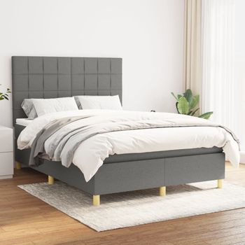 Cama Doble | Cama Para Adultos | Cama Box Spring Con Colchón Tela Gris Oscuro 140x190 Cm Cfw1283497