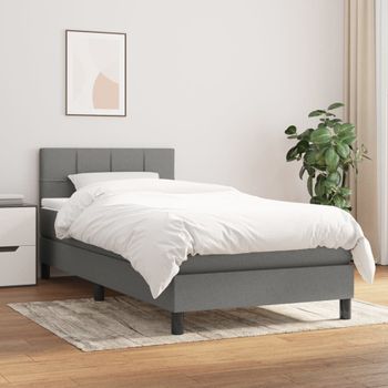 Cama Individual | Cama Para Adultos | Cama Box Spring Con Colchón Tela Gris Oscuro 90x190 Cm Cfw8133829