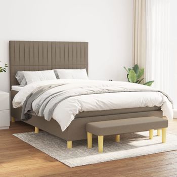 Cama Doble | Cama Para Adultos | Cama Box Spring Con Colchón Tela Gris Taupe 140x190 Cm Cfw9876354