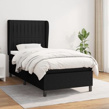 Cama Individual | Cama Para Adultos | Cama Box Spring Con Colchón Tela Negro 90x190 Cm Cfw9885434