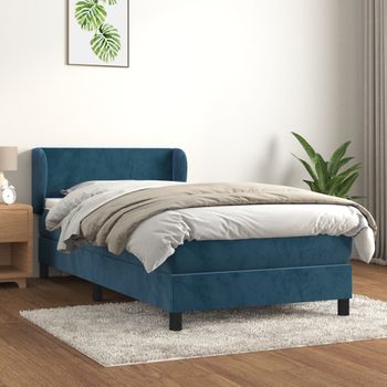 Cama Individual | Cama Para Adultos | Cama Box Spring Con Colchón Terciopelo Azul Oscuro 90x190 Cm Cfw8344966