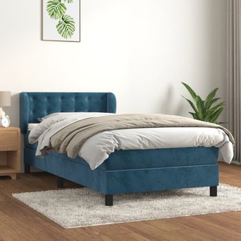 Cama Individual | Cama Para Adultos | Cama Box Spring Con Colchón Terciopelo Azul Oscuro 90x190 Cm Cfw6464033