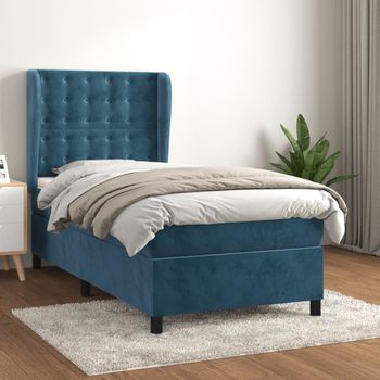 Cama Individual | Cama Para Adultos | Cama Box Spring Con Colchón Terciopelo Azul Oscuro 90x190 Cm Cfw4871769