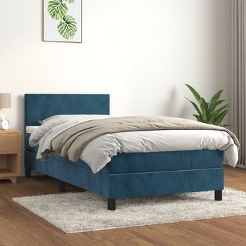 Cama Individual | Cama Para Adultos | Cama Box Spring Con Colchón Terciopelo Azul Oscuro 90x190 Cm Cfw7494461