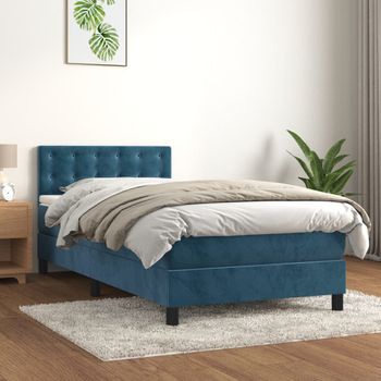 Cama Individual | Cama Para Adultos | Cama Box Spring Con Colchón Terciopelo Azul Oscuro 90x190 Cm Cfw6402199