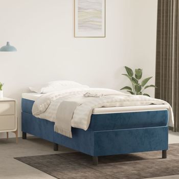 Cama Individual | Cama Para Adultos | Cama Box Spring Con Colchón Terciopelo Azul Oscuro 90x190 Cm Cfw7076092