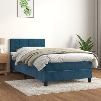 Cama Individual | Cama Para Adultos | Cama Box Spring Con Colchón Terciopelo Azul Oscuro 90x190 Cm Cfw2285733