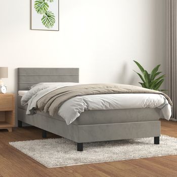 Cama Individual | Cama Para Adultos | Cama Box Spring Con Colchón Terciopelo Gris Claro 90x190 Cm Cfw2466972