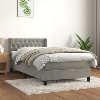 Cama Individual | Cama Para Adultos | Cama Box Spring Con Colchón Terciopelo Gris Claro 90x190 Cm Cfw4348040